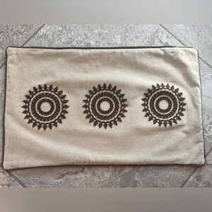 Linen Pillow Cover with Embroidered Brown Circular Patterns, 12” x 20”